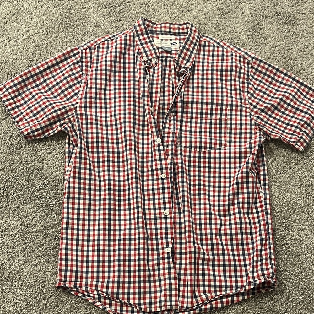 Old Navy Men's Red and Blue Plaid Shirt